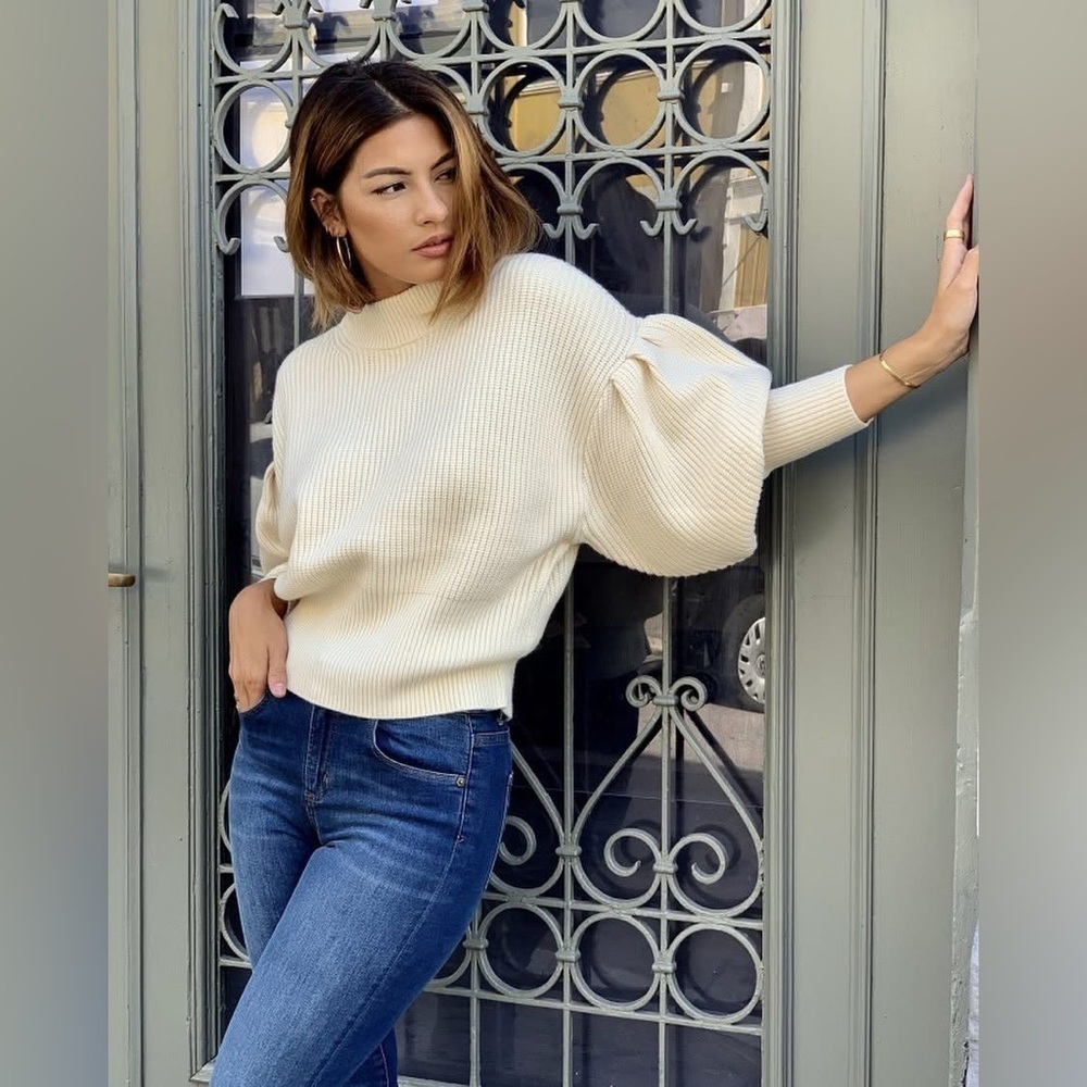 JUST FEMALE Sophie High Neck Chunky Knit Voluminous Sleeve Sweater Antique White